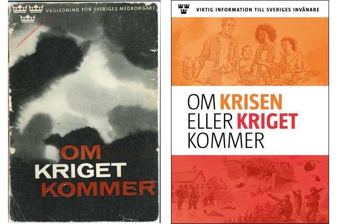 Förstasidan på broschyren Om kriget kommer från 1961 och broschyren Om krisen eller kriget kommer från 2018