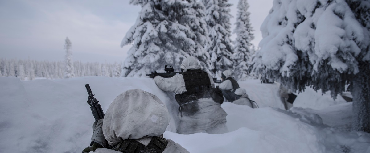 Soldater i snödräkt på övning i snölandskap.