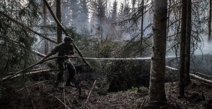 Hemvärnssoldat släcker brand norr om Kårböle. När som helst kan den pyrande branden flamma upp och soldaterna håller noggrant utkik efter glöd och öppna lågor för att kunna bekämpa dessa omgående.Runt byn Kårböle i norra Hälsingland rasar tre stora skogsbränder. Byn är sedan en vecka tillbaka evakuerad och släckningsarbetet pågår febrilt mot elden med samlade förmågor från olika myndigheter, frivilliga samt tillrest räddningstjänst från flera europeiska grannländer. Brandområdena är indelade i tre olika sektorer där man försöker isolera elden inom så kallade begränsningslinjer. Förutom att hindra vidare spridning så är det särskilt viktigt att hålla elden borta från orten Kårböle samt viktig infrastruktur.