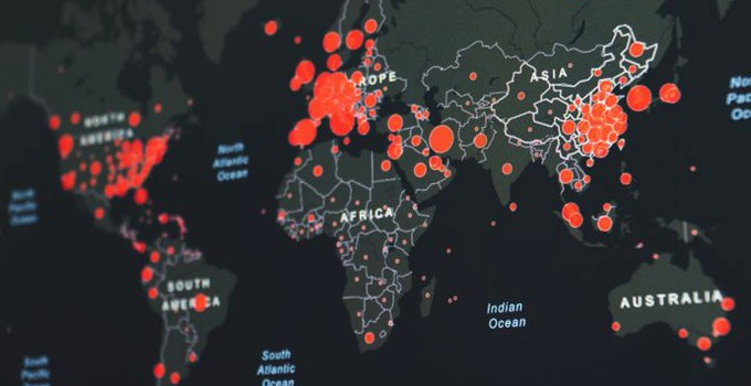 Karta över utbredningen av covid i världen. 