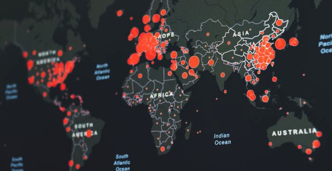 Karta över utbredningen av covid i olika länder. 