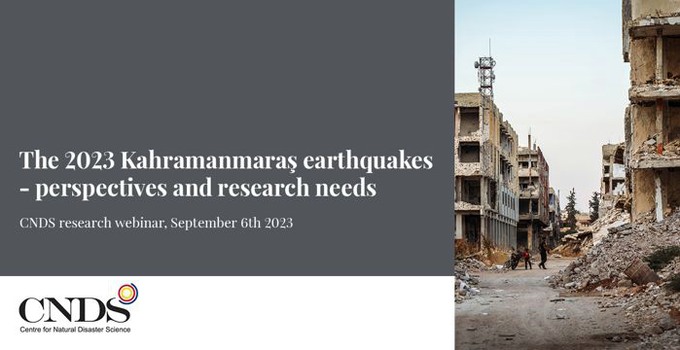 Föreläsningens titel samt en bild på en jordbävningsdrabbad stad