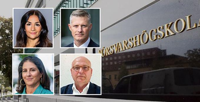 Porträttbilder på Parisa Liljestrand, Robert Egnell, Dilsa Demirbag-Sten och Magnus Ranstorp framför Försvarshögskolans fasad.