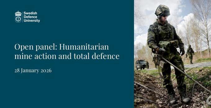 Panelsamtalets titel samt soldat som söker efter minor vid en väg.