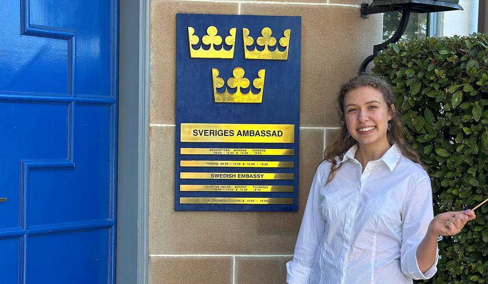 Student on her internship at the Swedish Embassy in Sydney.