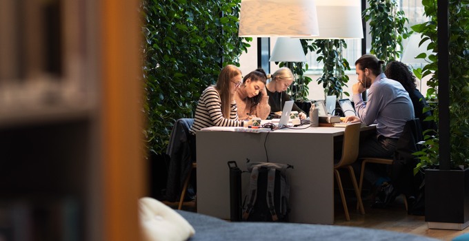 Studenter studerar ihop på campus.