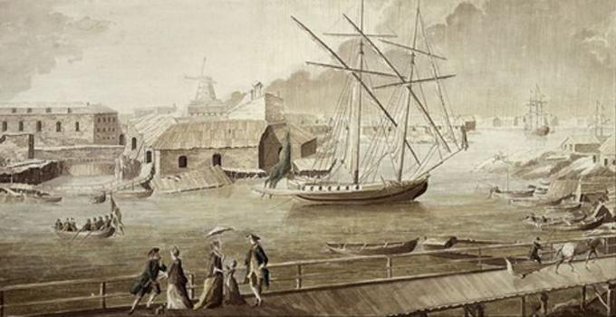Målning föreställande Artilleriviken (Tykistölahti) at Sveaborg i Finland, 1760.