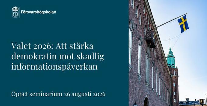 Seminariets titel samt svensk flagga på en tegelfasad.