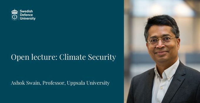 Föreläsningens titel samt porträtt av Ashok Swain. 