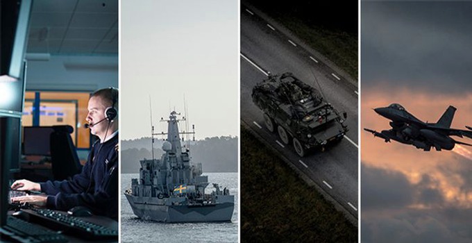 Kollage med cyber, marinen, armen och flygvapnet