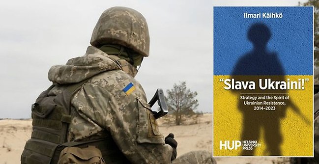 Bild av en soldat bakifrån samt bokomslaget infällt i bilden.