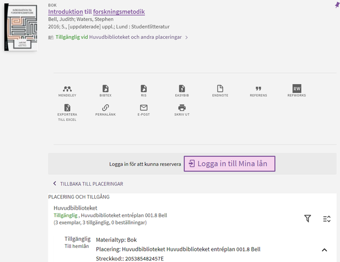 Bilden visar posten för boken där information om placering och tillgänglighet framgår