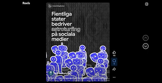 Bilden är en del av en kampanj från Påverkanslabbet som just nu rullar i sociala medier. Fientliga stater bedriver astroturfing på sociala medier. De använder fejkkonton som får vissa åsikter verka mer populära än de är för att manipulera vår samhällsdebatt.