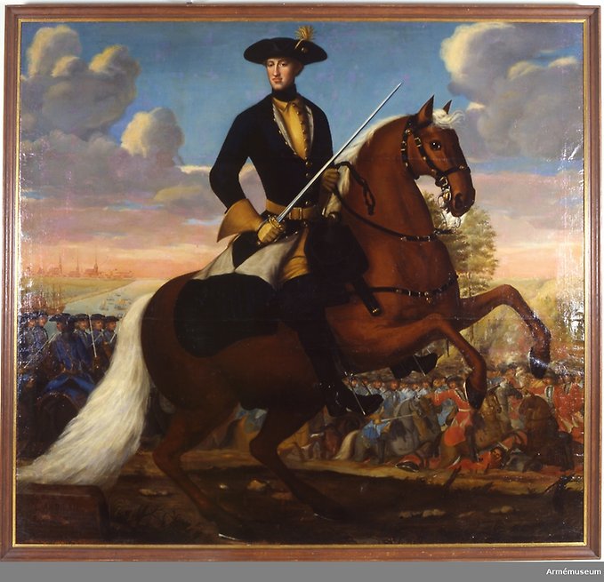 Målning signerad av J. H Wedekind föreställande Karl XII till häst i fält.